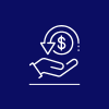 Icon of a hand holding a coin with a dollar sign, surrounded by a circular arrow, representing financial transactions or savings