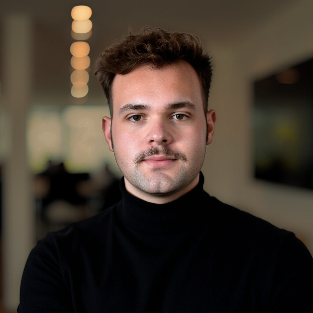 A man with short hair facing forward with black clothing and warm backlighting