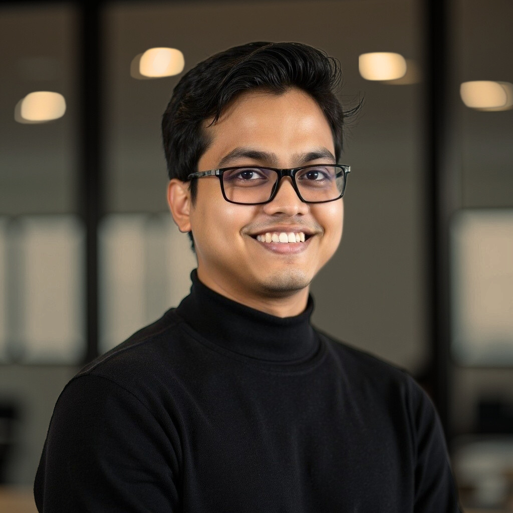 Smiling man with dark hair wearing a black turtleneck and earrings against a softly blurred background with warm lighting.