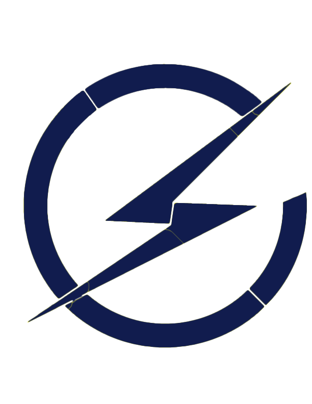 Outline of a circular logo with a lightning bolt symbol inside and diagonal line crossing through the design.