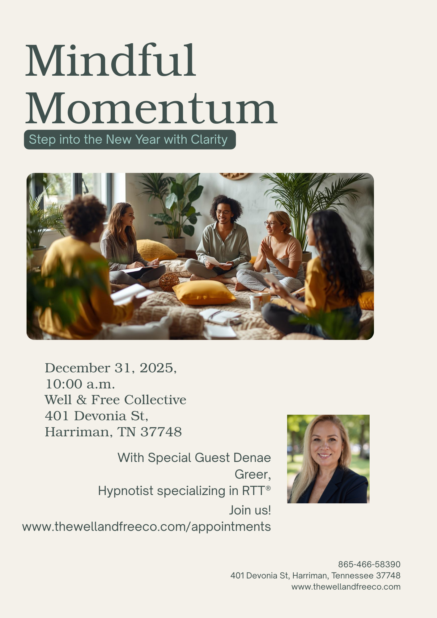 Event flyer for 'Mindful Momentum,' a wellness event scheduled for December 31, 2025, at 10:00 a.m. at Well & Free Collective in Harriman, Tennessee. Features a group of women sitting on cushions in a circle, engaging in a mindful or meditation session, with large green plants in the background.