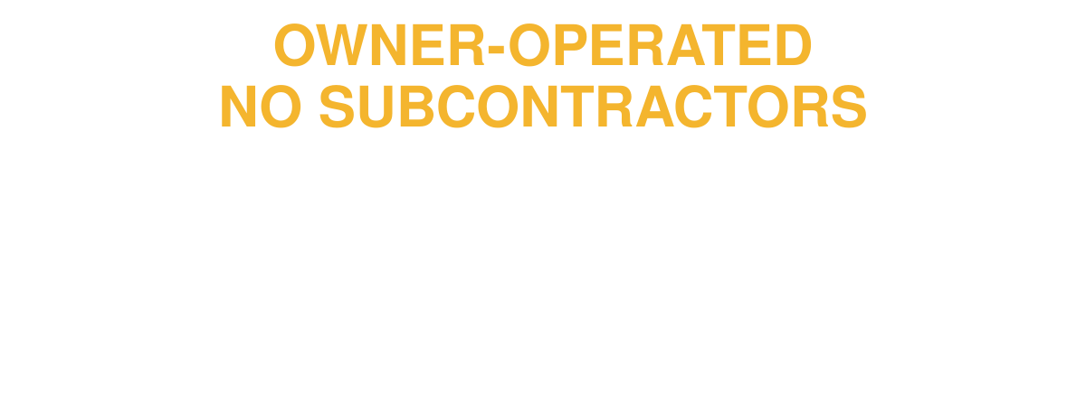 Sign with bold text reading "Owner-operated No Subcontractors" and "Seamless Gutters & Custom Decks Built to Last" on a black background.