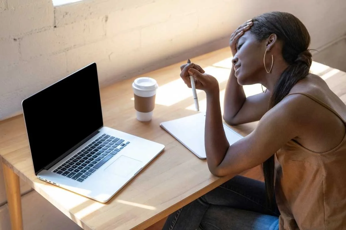 tired mom working from home