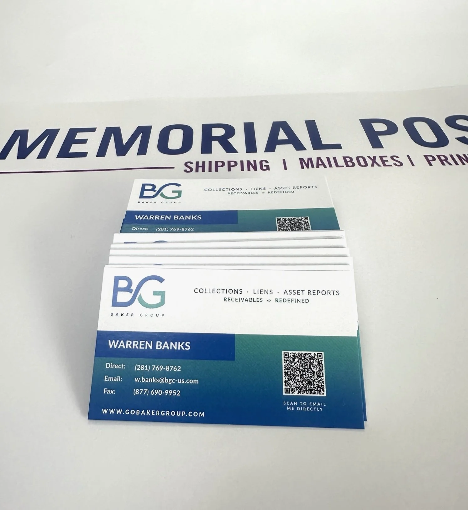Professional custom business card printing in Houston by Memorial Postal Center with full-color designs and personalized branding.
