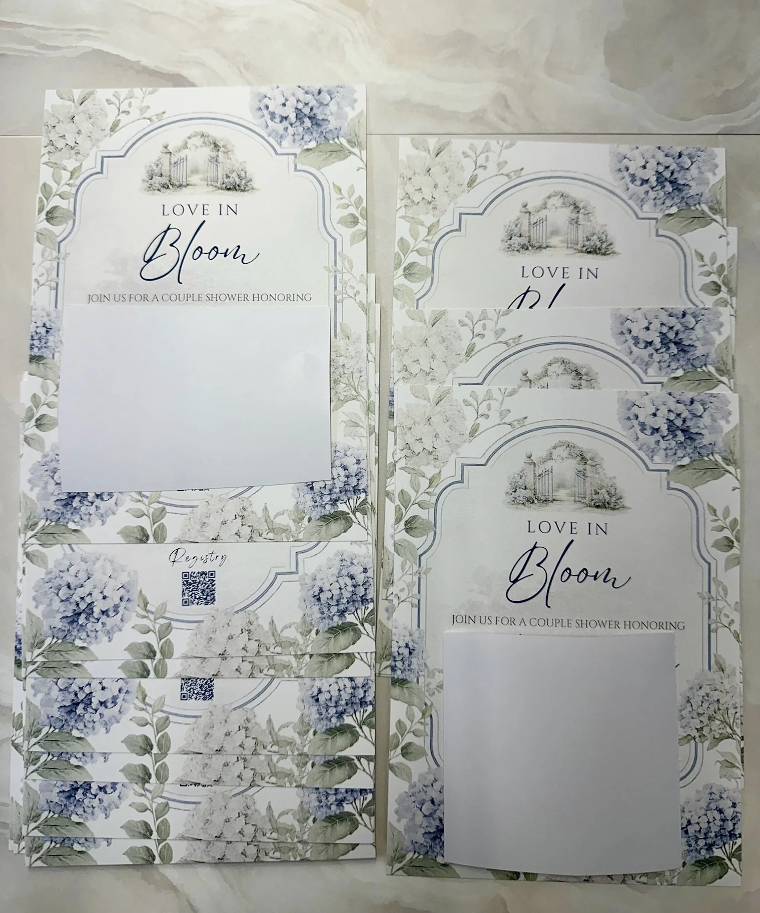 Custom couples shower invitation printing in Houston, TX by Memorial Postal Center with personalized designs for wedding celebrations.