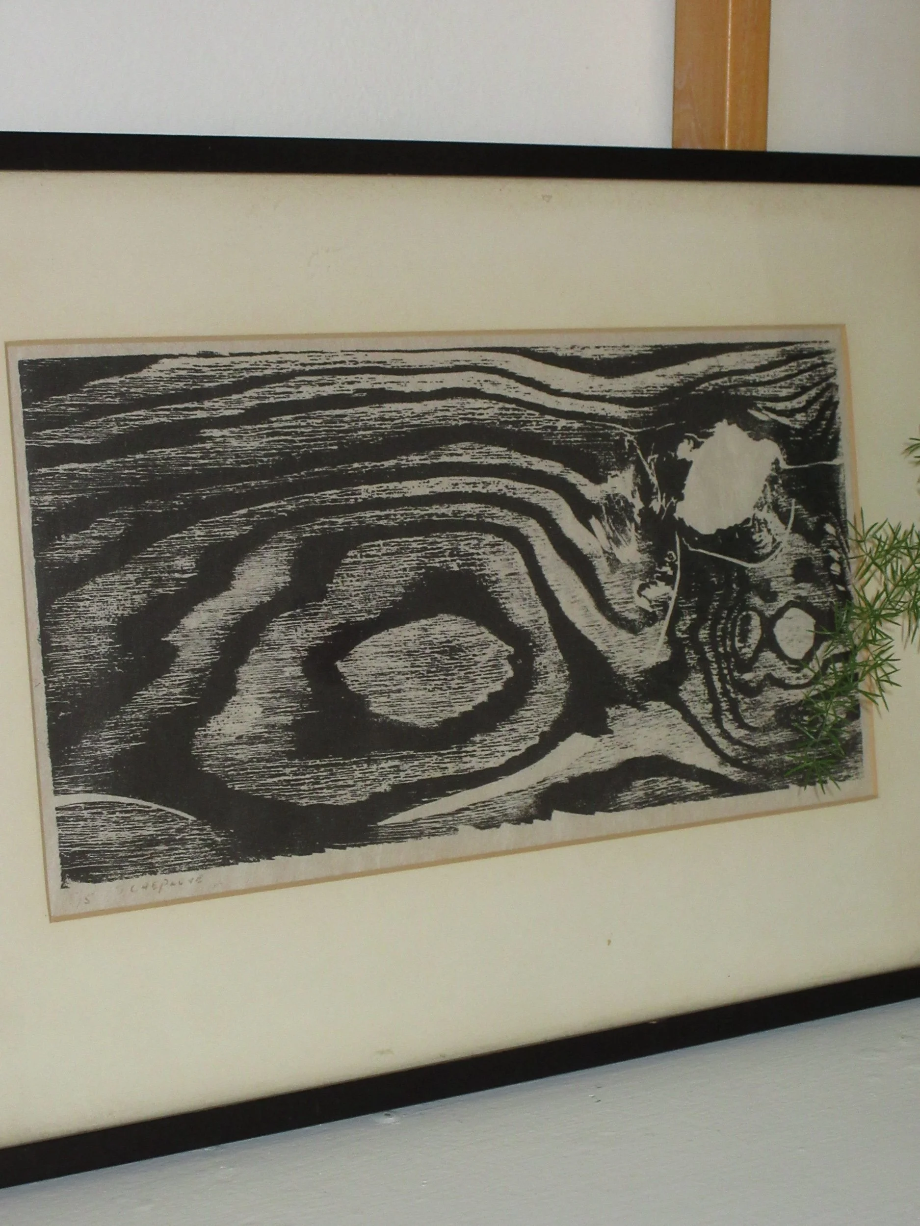 Woodgrain print in black and white framed artwork with small greenery on the right side.