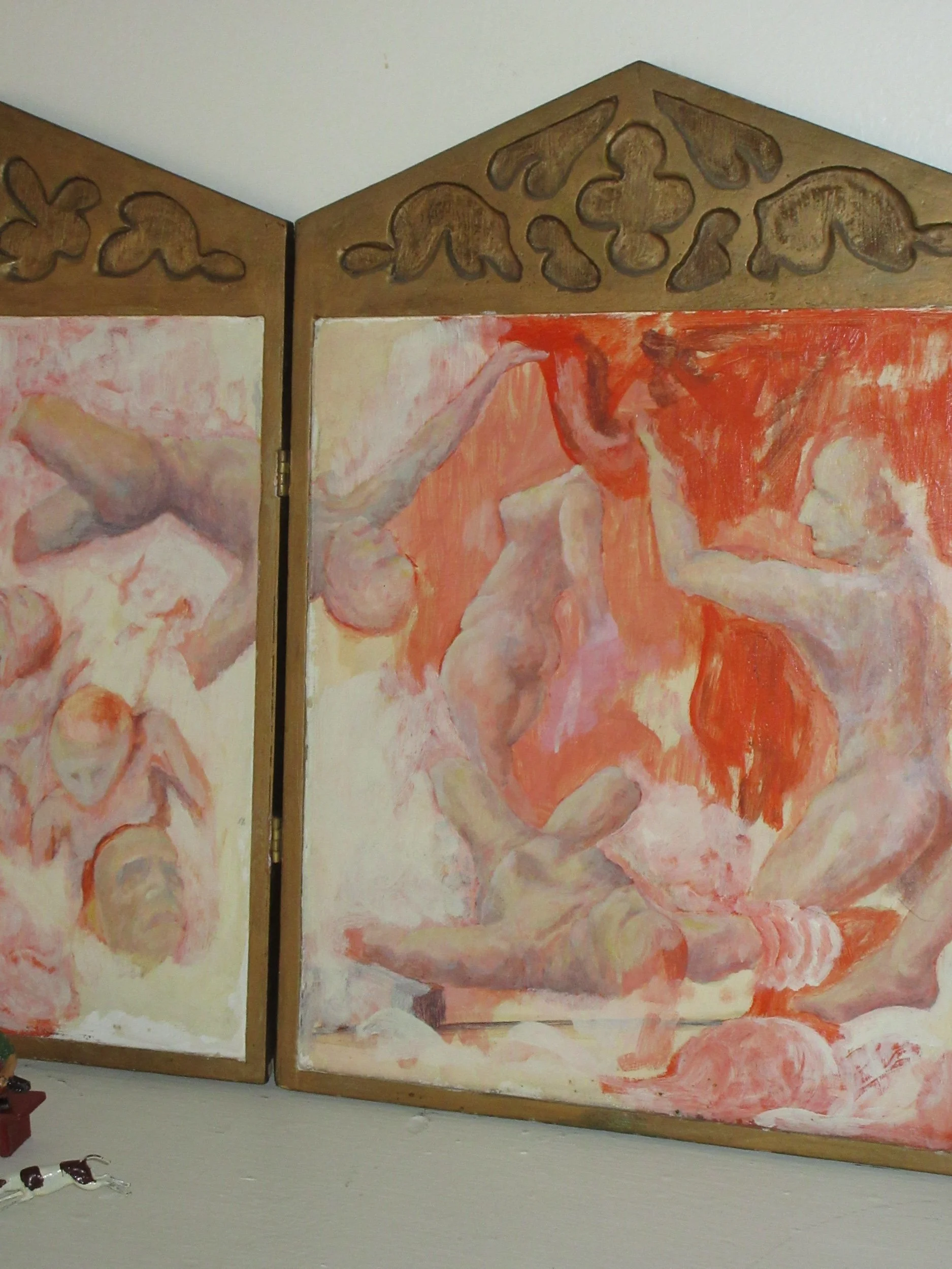 Hand-Painted Three-Panel Folding Triptych Screen