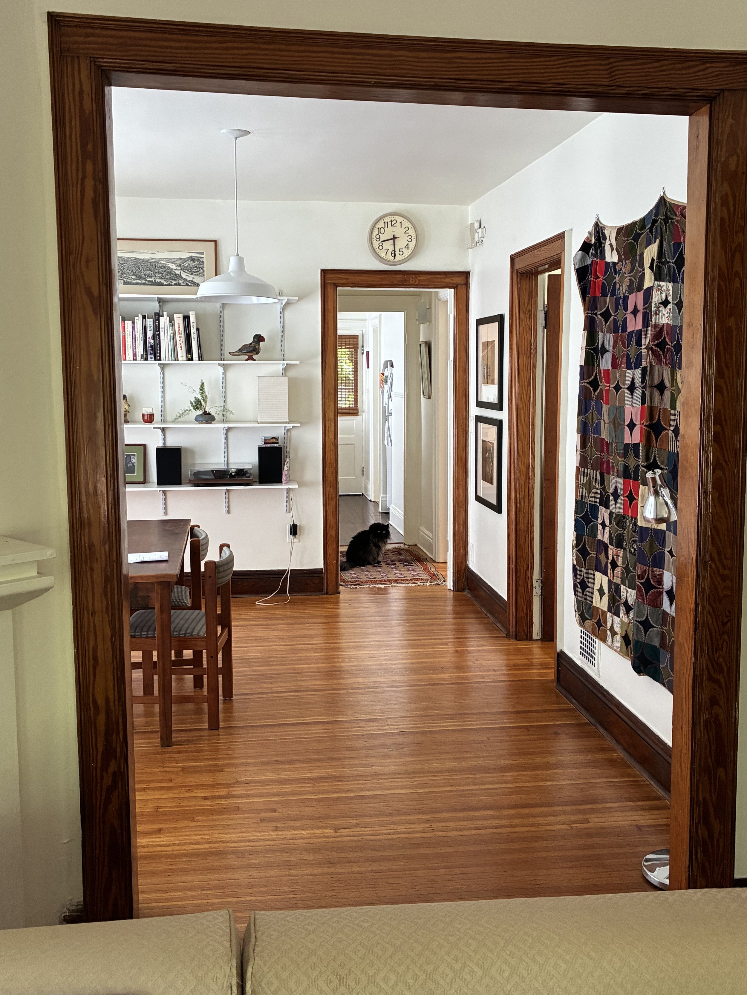 View through a wooden doorframe into a living area with a clock on the wall, a corner bookshelf, and a hallway where a cat sits on a patterned rug. Part of a window with blinds and framed pictures are visible on the walls.