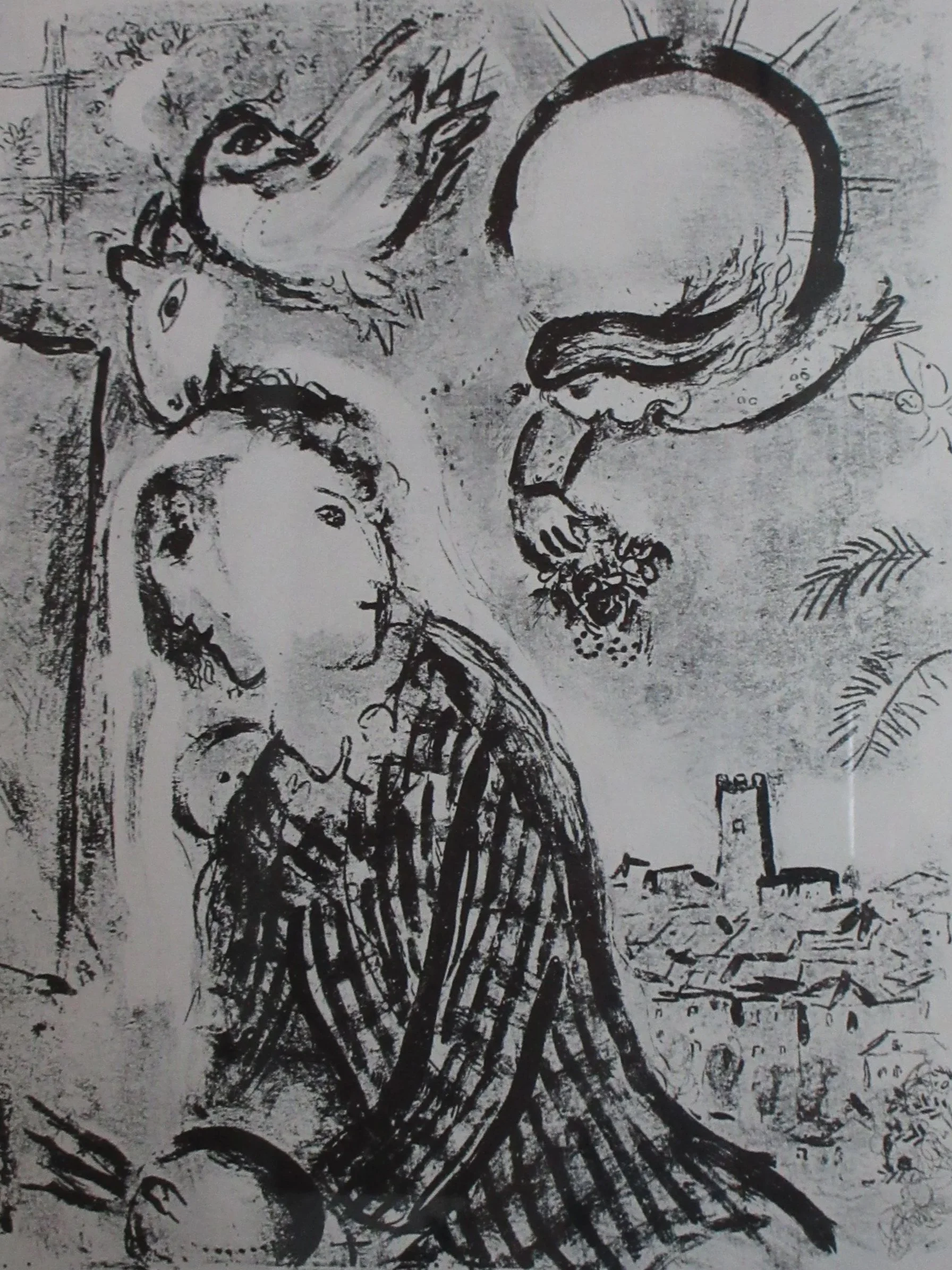 Black and white sketch of a woman with long hair, holding a bouquet of flowers, with a sun and decorative elements in the background.