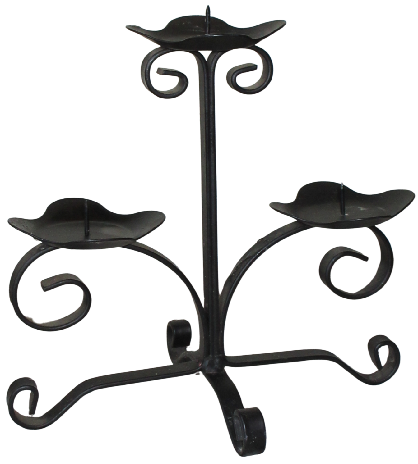 A black, decorative, wrought iron umbrella stand with two small round trays and a vertical rod with curlicue designs, mounted on a tripod base with curved legs and wheels.
