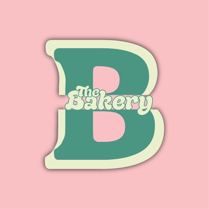 Logo for 'The Bakery' featuring a large letter 'B' on a pink background.