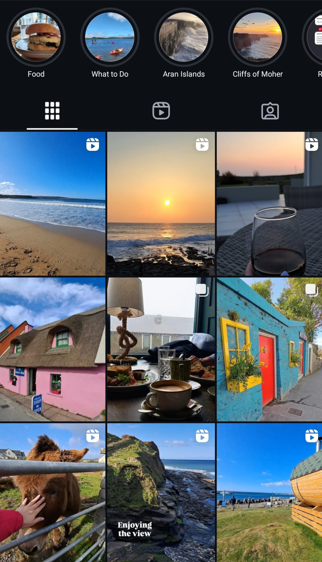 A collage of various scenic and lifestyle photos, including beaches, sunsets, a colorful building, a person dining, an animal, and a coastal landscape.