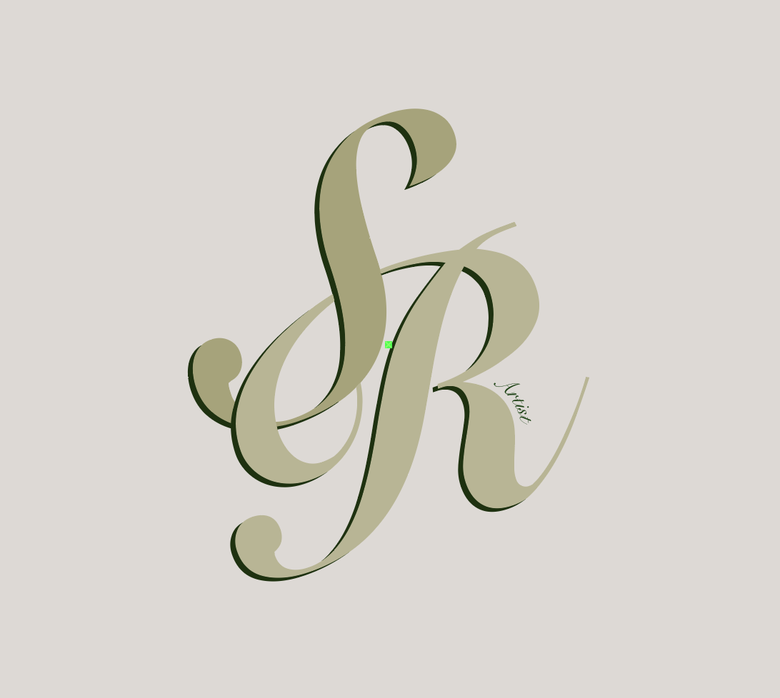 Intertwined S and R with Artist written on the leg of the R, light cream with a dark green shadow