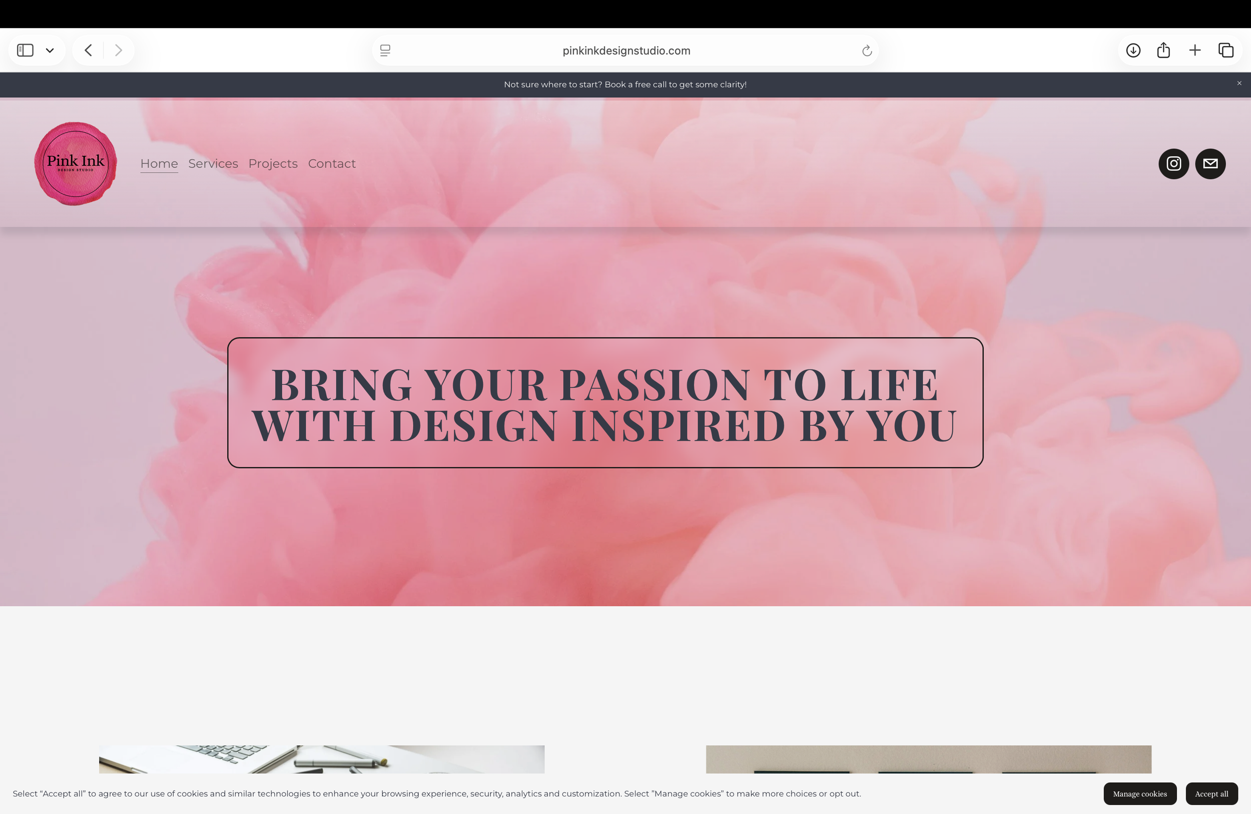 Screenshot of a website with a pink background and black text that reads "Bring your passion to life with design inspired by you." The website's logo is in the top left corner, featuring a pink circle with "Pink Ink Design Studio" written inside. Nav