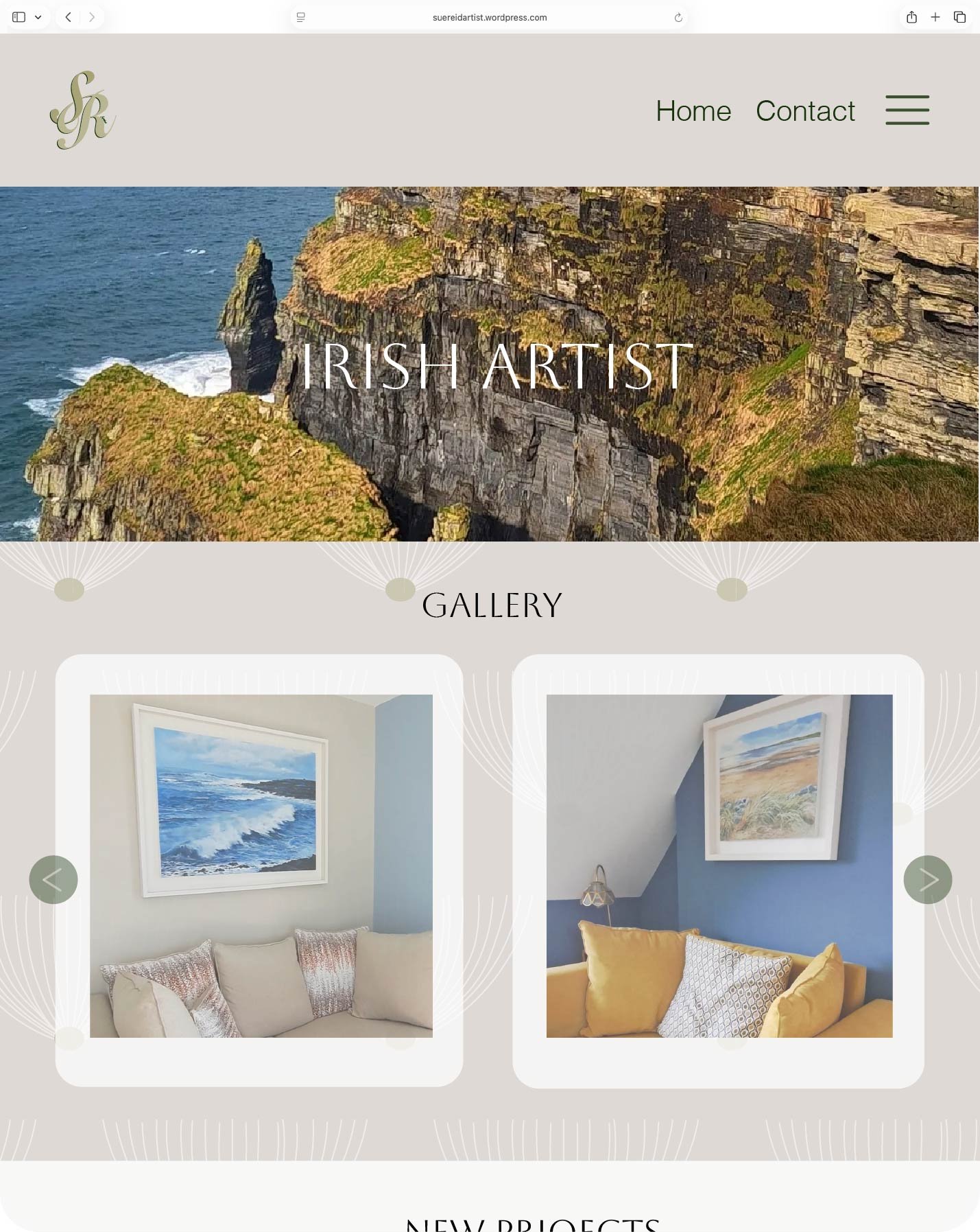Screenshot of an artist's website featuring a large header image of cliffs by the ocean with the text "Irish Artist". Below, a gallery displays two interior paintings of coastal scenes in living room settings.
