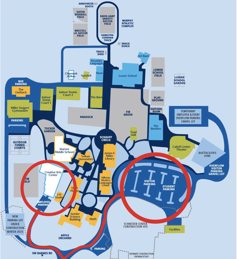 A detailed map of a school campus showing various athletic fields, buildings, parking areas, and zones. It includes labeled features such as baseball and soccer fields, gymnasium, library, student and employee parking, outdoor courts, a theater, a science building, and construction sites. The map also highlights specific zones for visitor and overflow parking, as well as faculty facilities.