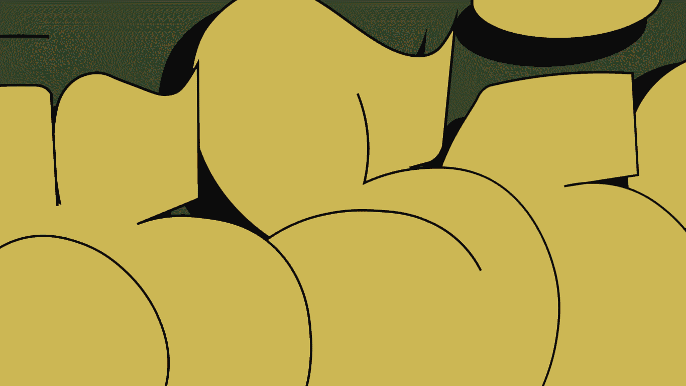 Close-up of several yellow coins stacked and overlapping against a dark background.