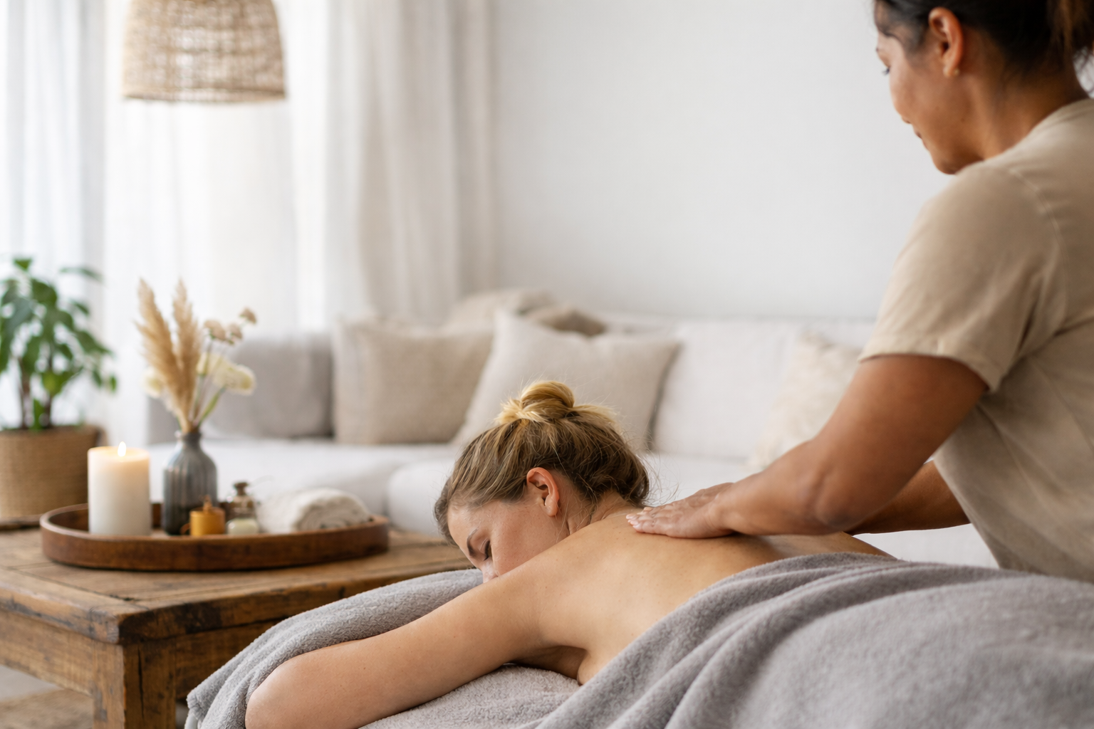 A woman receiving a back massage in a cozy, well-lit living room with neutral decor and candles.