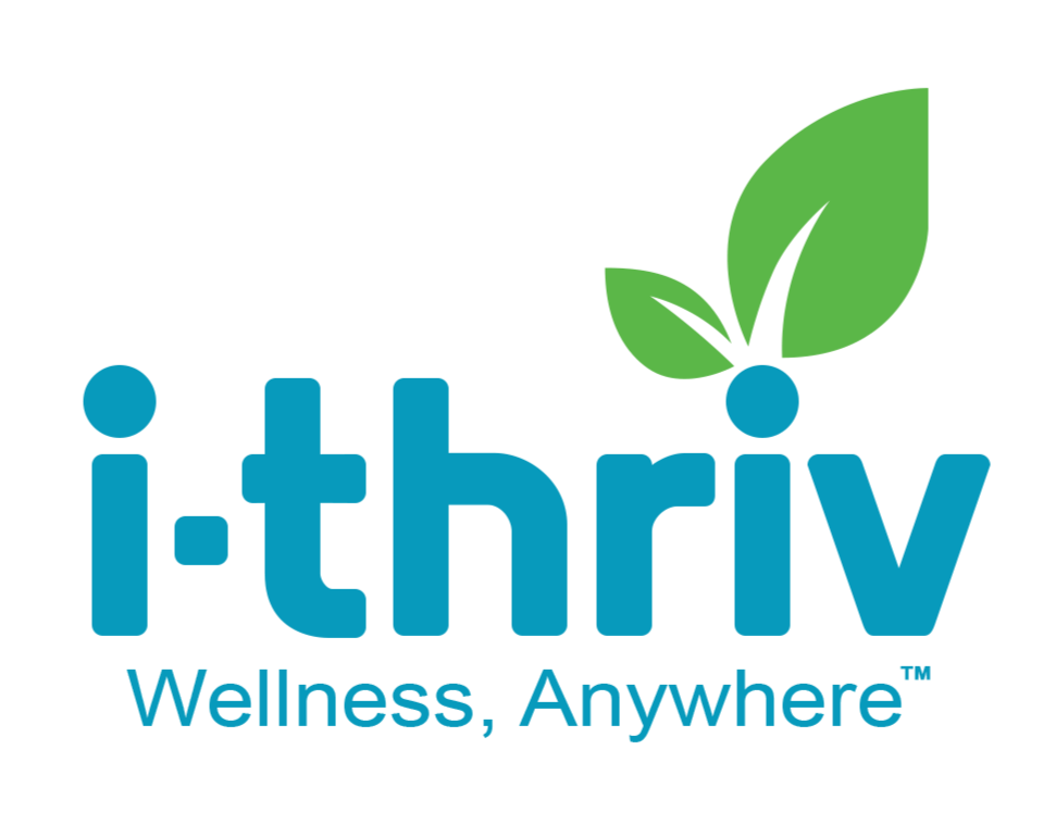 Logo for i-thrive Wellness, Anywhere featuring a green leaf with a small berry or fruit, alongside blue text reading 'i-thrive Wellness, Anywhere'.