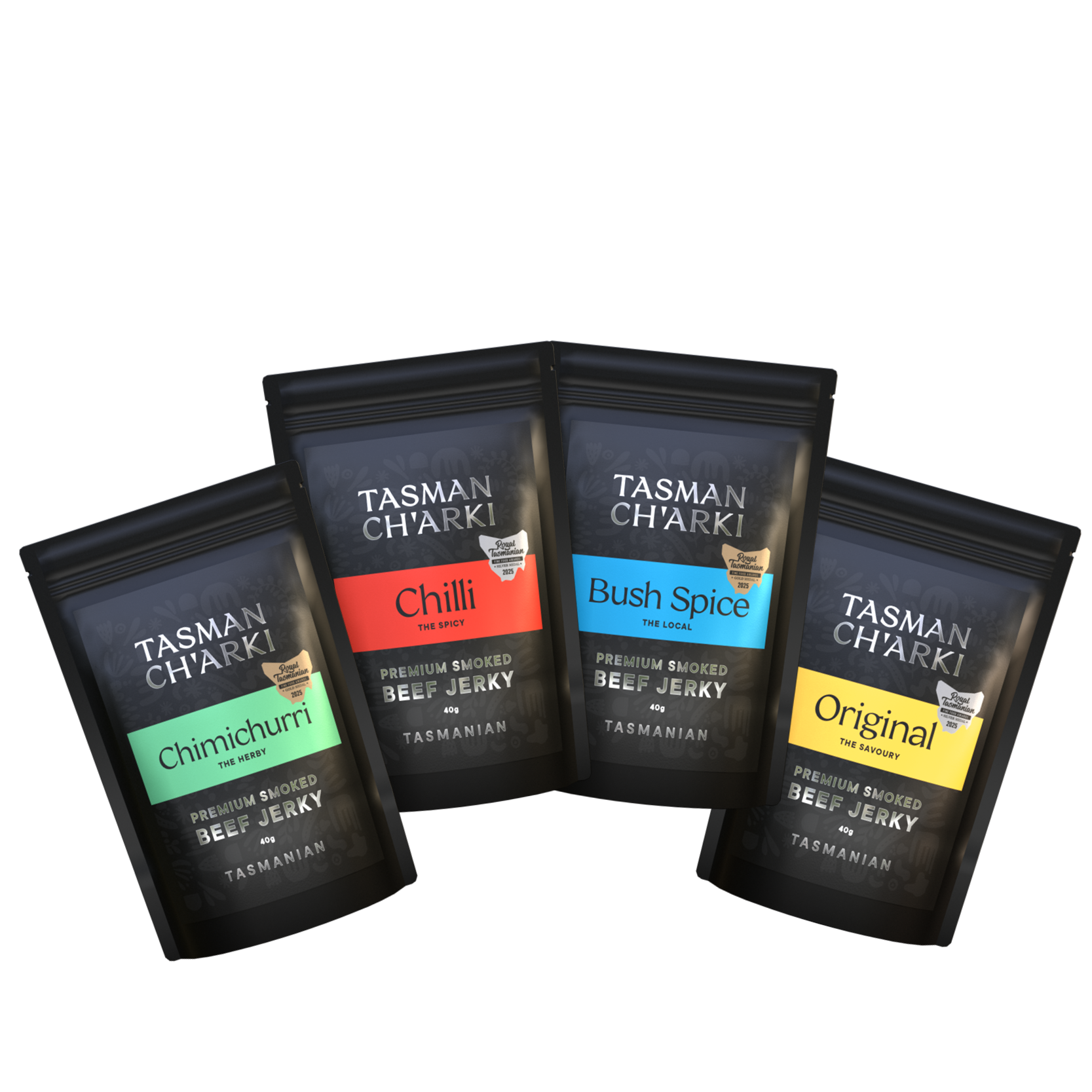 Four Tasman Ch'arki beef jerky packs on black background with 'Special' text above. Flavors include Original, Chilli, Chimichurri, and Bush Spice.