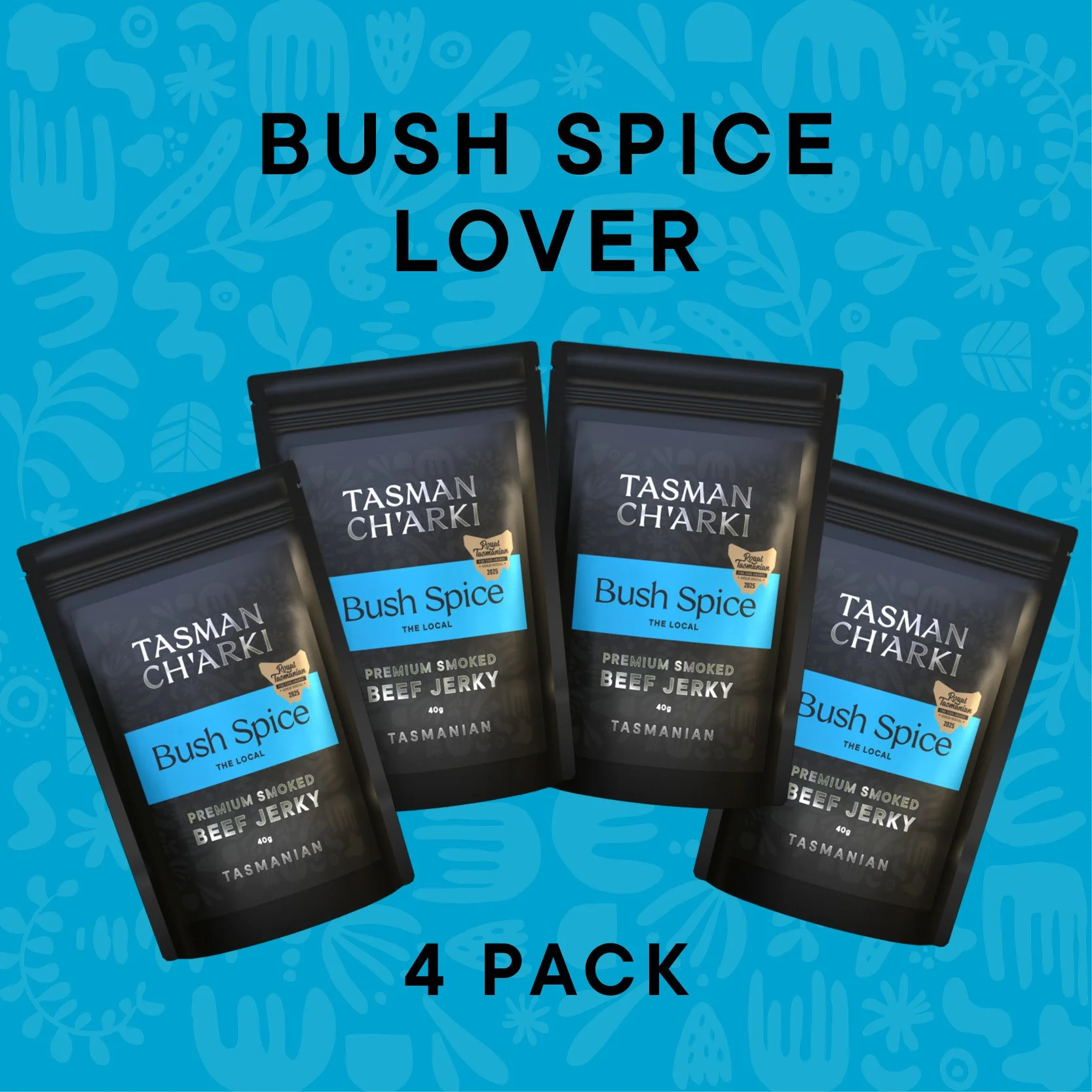 Tasman Ch'Arki bush spice beef jerky packs against a blue background with "Bush Spice Lover Pack" text.