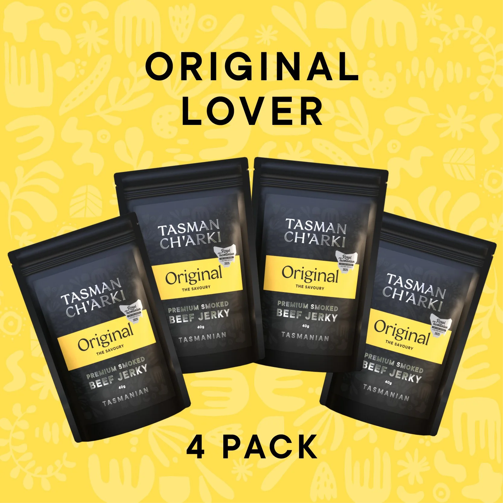 Packages of Tasman Ch'arki Original Premium Smoked Beef Jerky on a yellow patterned background with the text 'Original Lover Pack'.