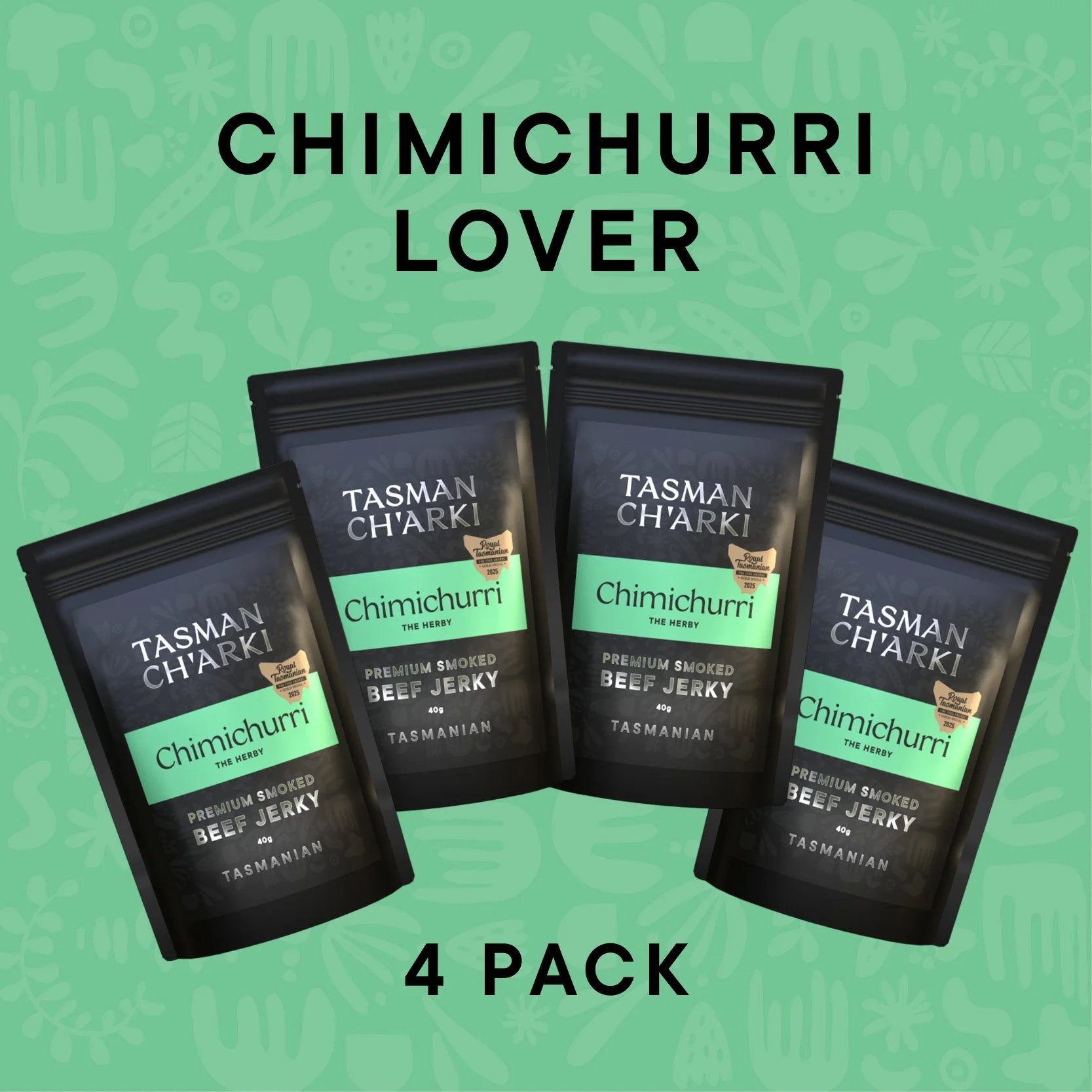 Tasman Ch'arki Chimichurri beef jerky packs with text 'Chimichurri Lover Pack' on a green background.