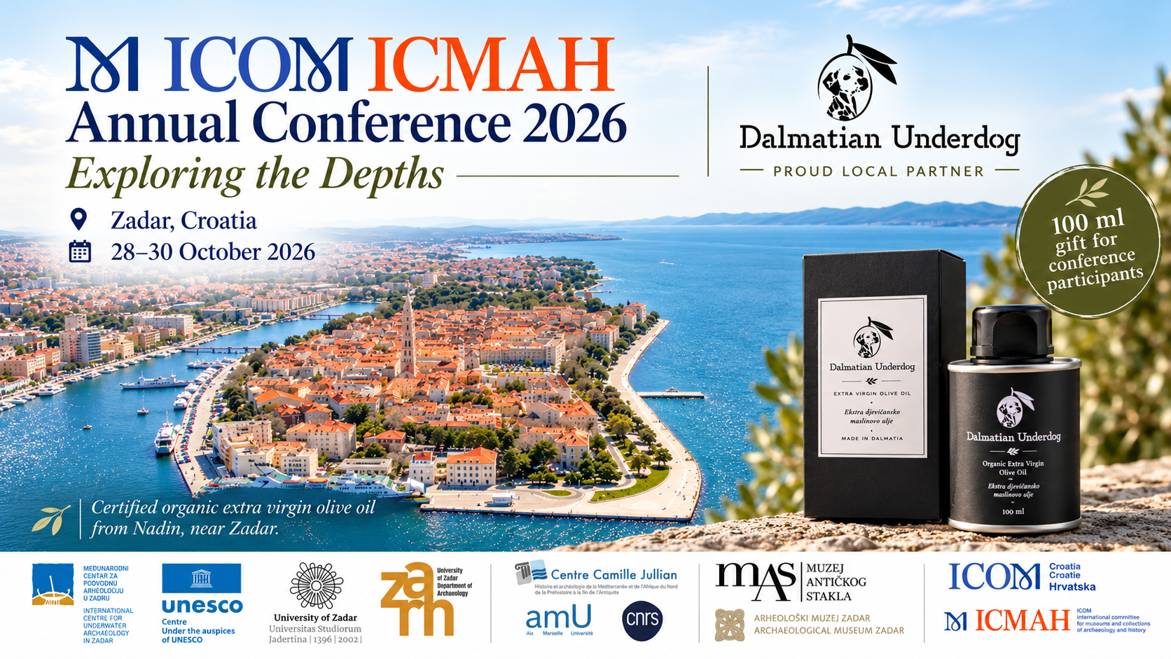 Dalmatian Underdog certified organic extra virgin olive oil, local partner of ICOM ICMAH Annual Conference 2026 in Zadar, Croatia.