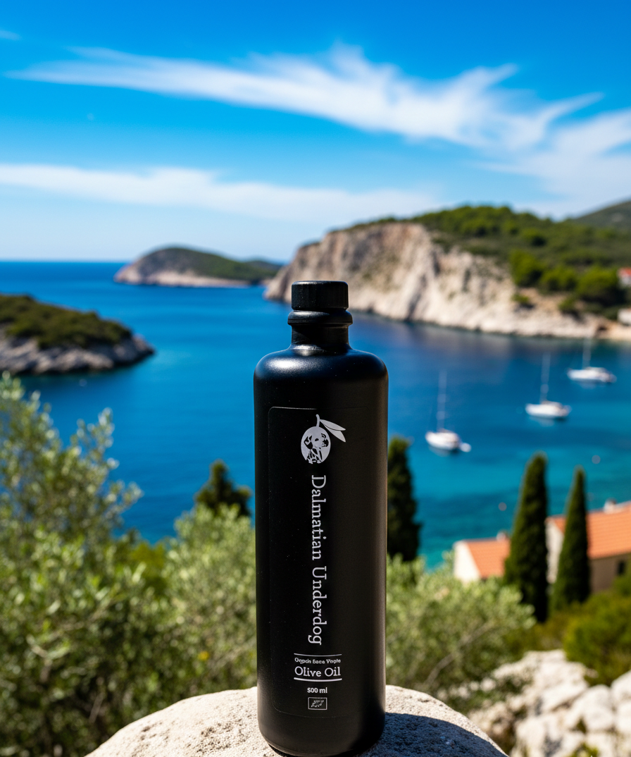 A bottle of Dalmatian Underdog extra virgin olive oil placed on a stone surface overlooking the Zadar coastline, with clear blue Adriatic Sea, cliffs, and boats in the background.