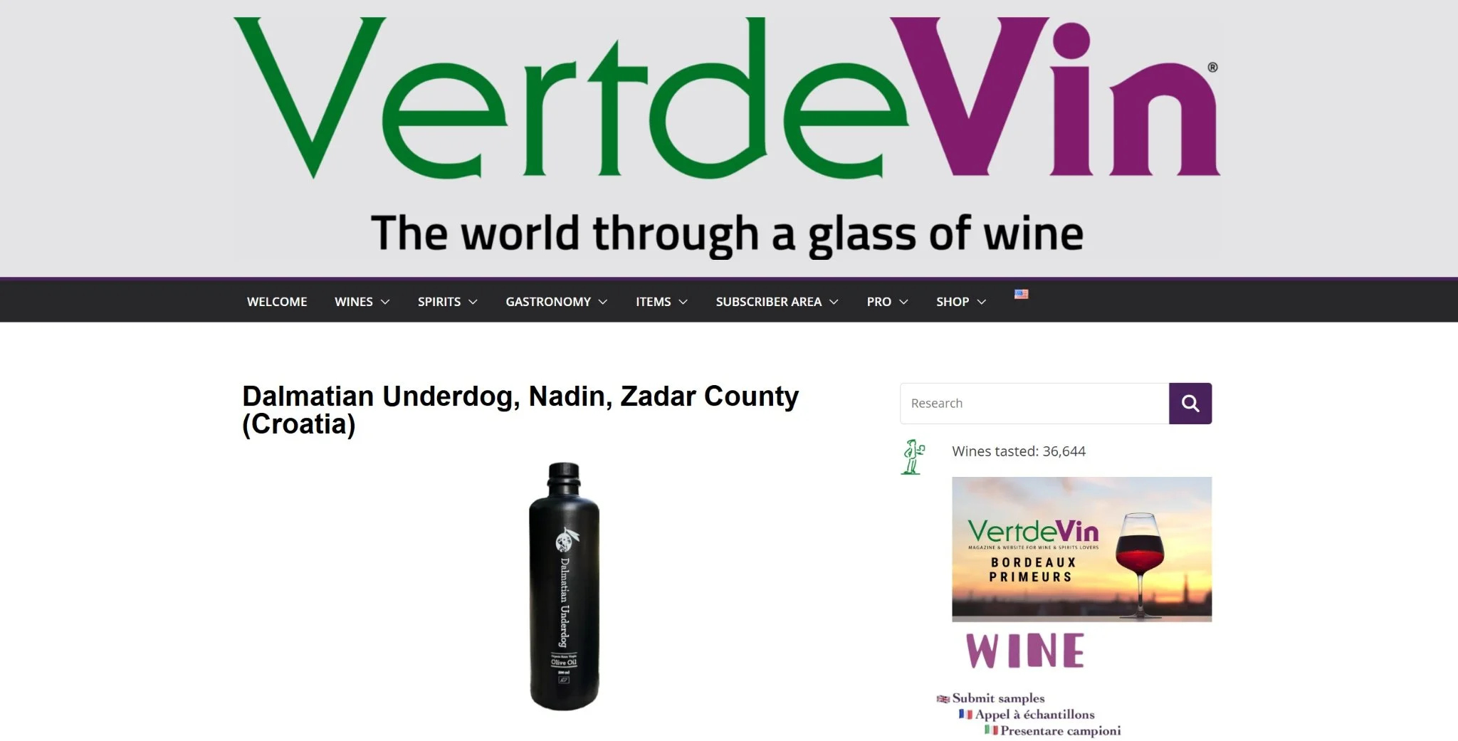 Screenshot of Dalmatian Underdog Bio Olive Oil featured by VertdeVin, highlighting Croatian organic olive oil from Nadin in Zadar County, Dalmatia.