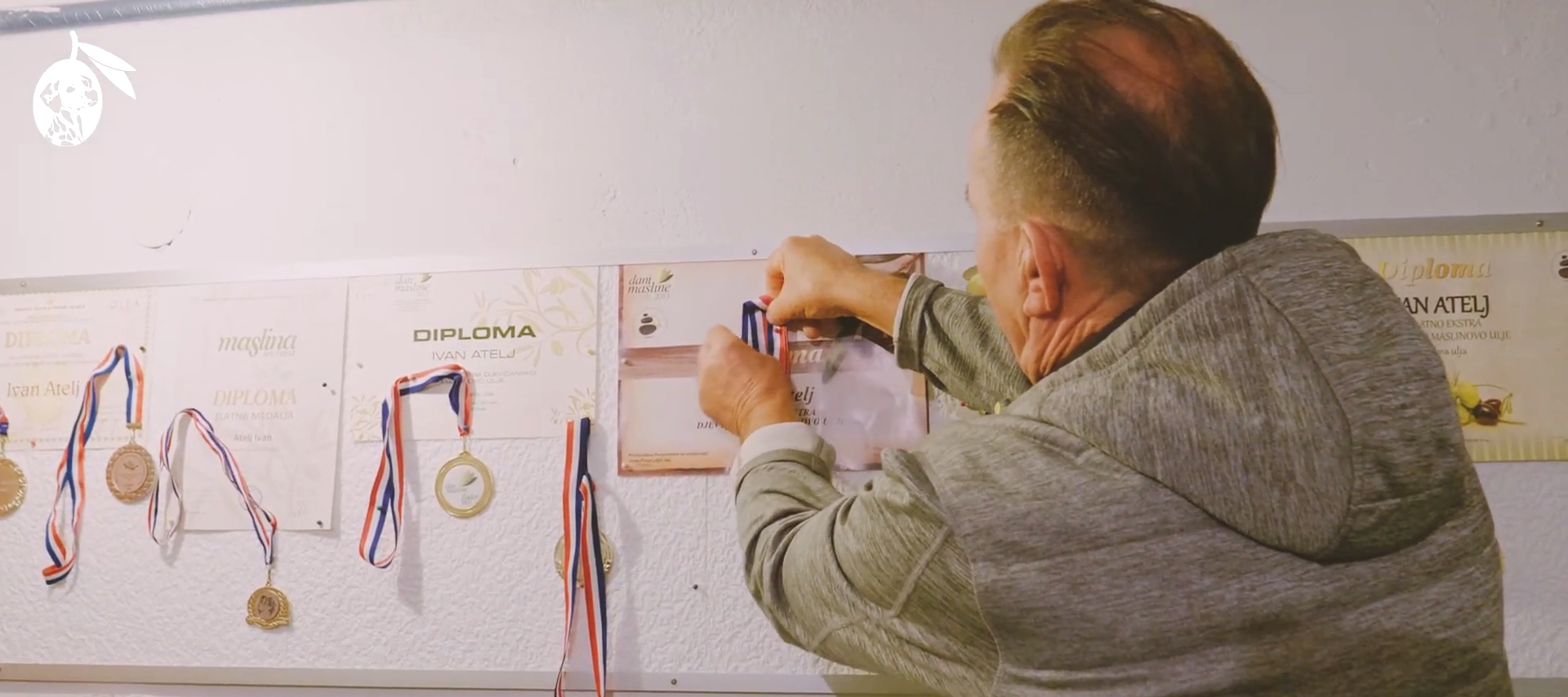 OPG Ivan Atelj hanging olive oil awards and certificates for Dalmatian Underdog in Zadar Croatia