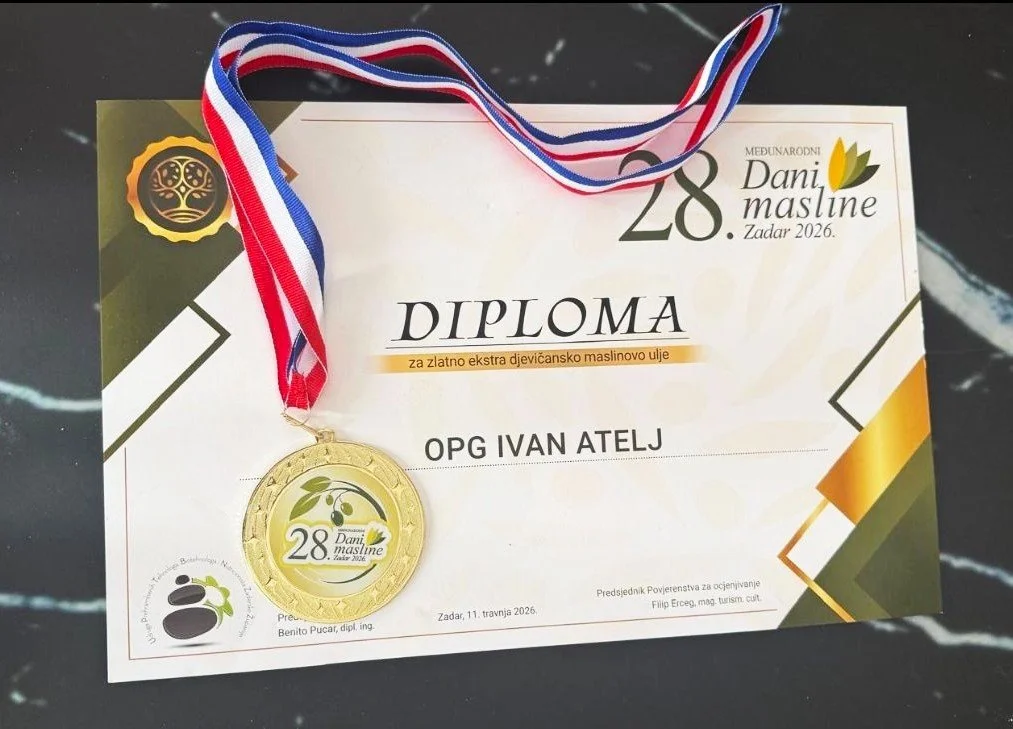 Gold award diploma for extra virgin olive oil from OPG Ivan Atelj at Dani masline Zadar Croatia 2026