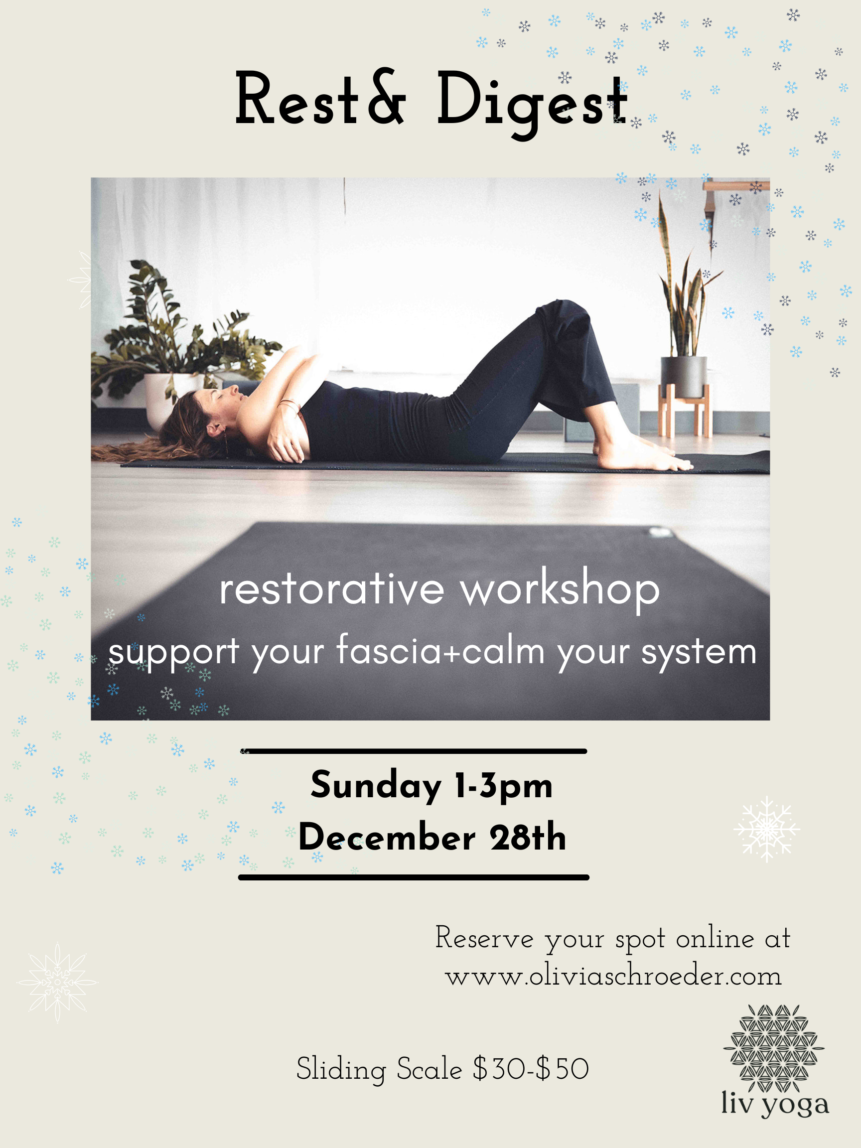 A woman performing a restorative yoga pose in a minimalistic room with plants, promoting a workshop on Fascia support and system calming scheduled for December 28th.