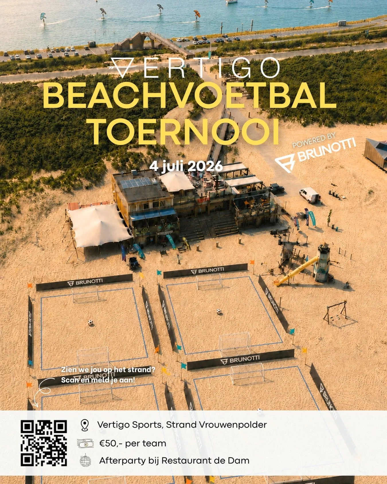 Mark your calendars! 🗓️

Op 4 juli organiseren we in samenwerking met @brunotti het leukste beachvoetbal toernooi van Zeeland! Trommel je vrienden, collega&rsquo;s en teamgenoten op en stel je eigen team samen ⚽️🥅

We spelen 5 tegen 5, hebben ruimt