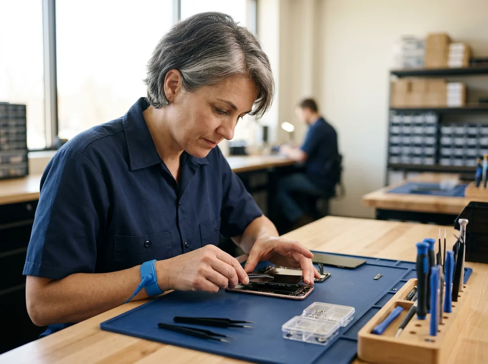 Technician working on an electronic device at a repair bench