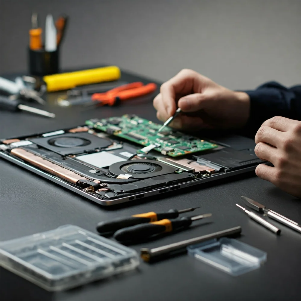 Hands working on laptop components at a repair bench