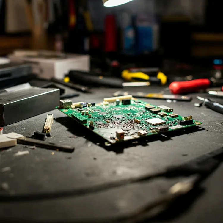 Game console circuit board on a repair bench