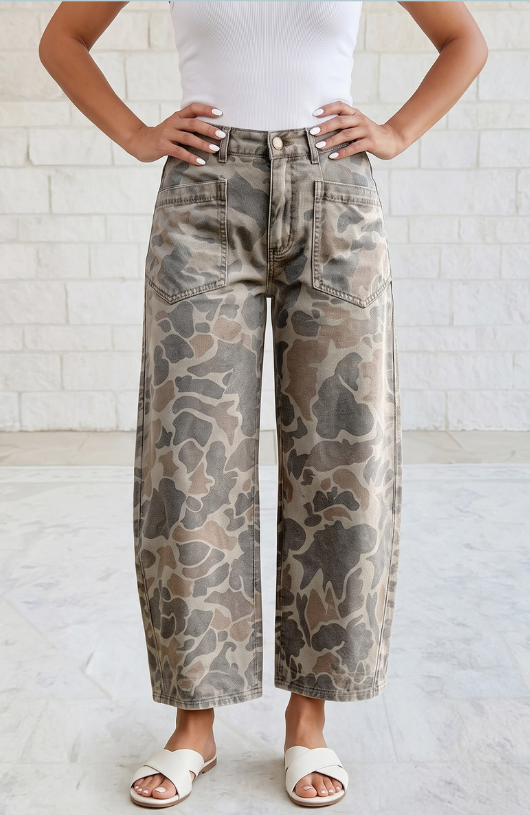 Camo Cropped Wide Leg Jeans