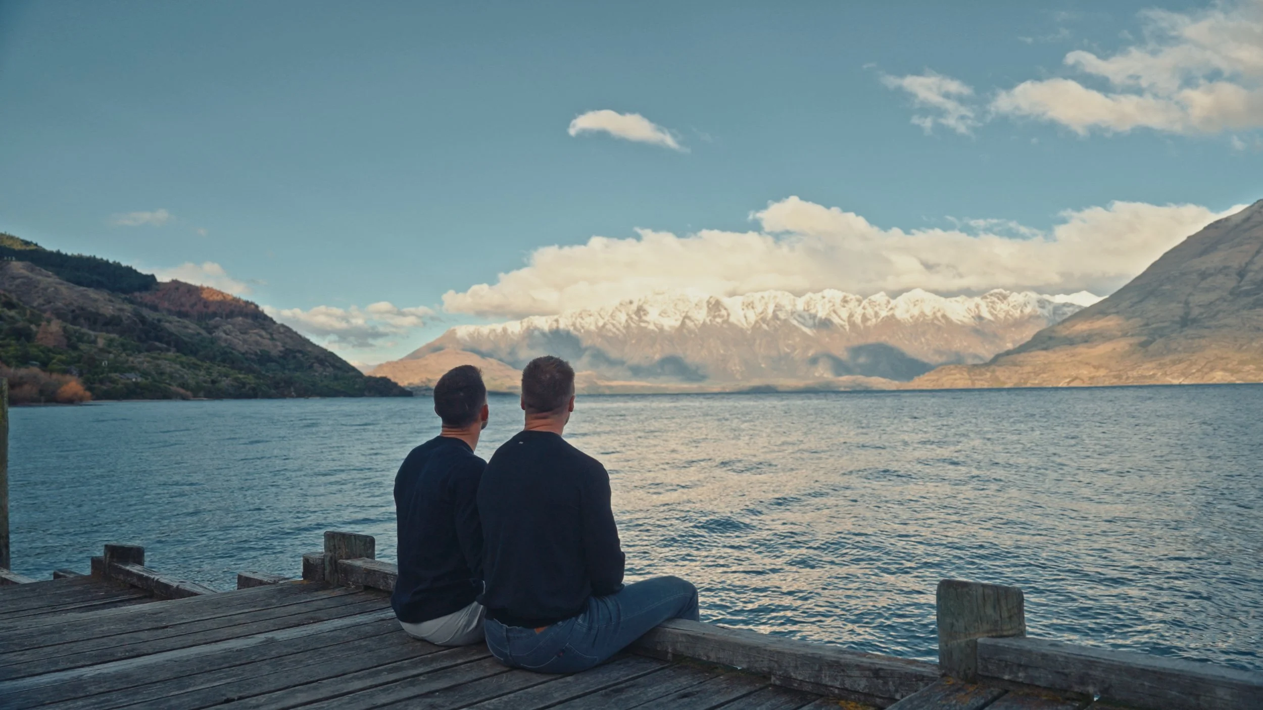 Two men sitting on a wooden dock by a lake, facing mountains with snow-capped peaks and a partly cloudy sky.