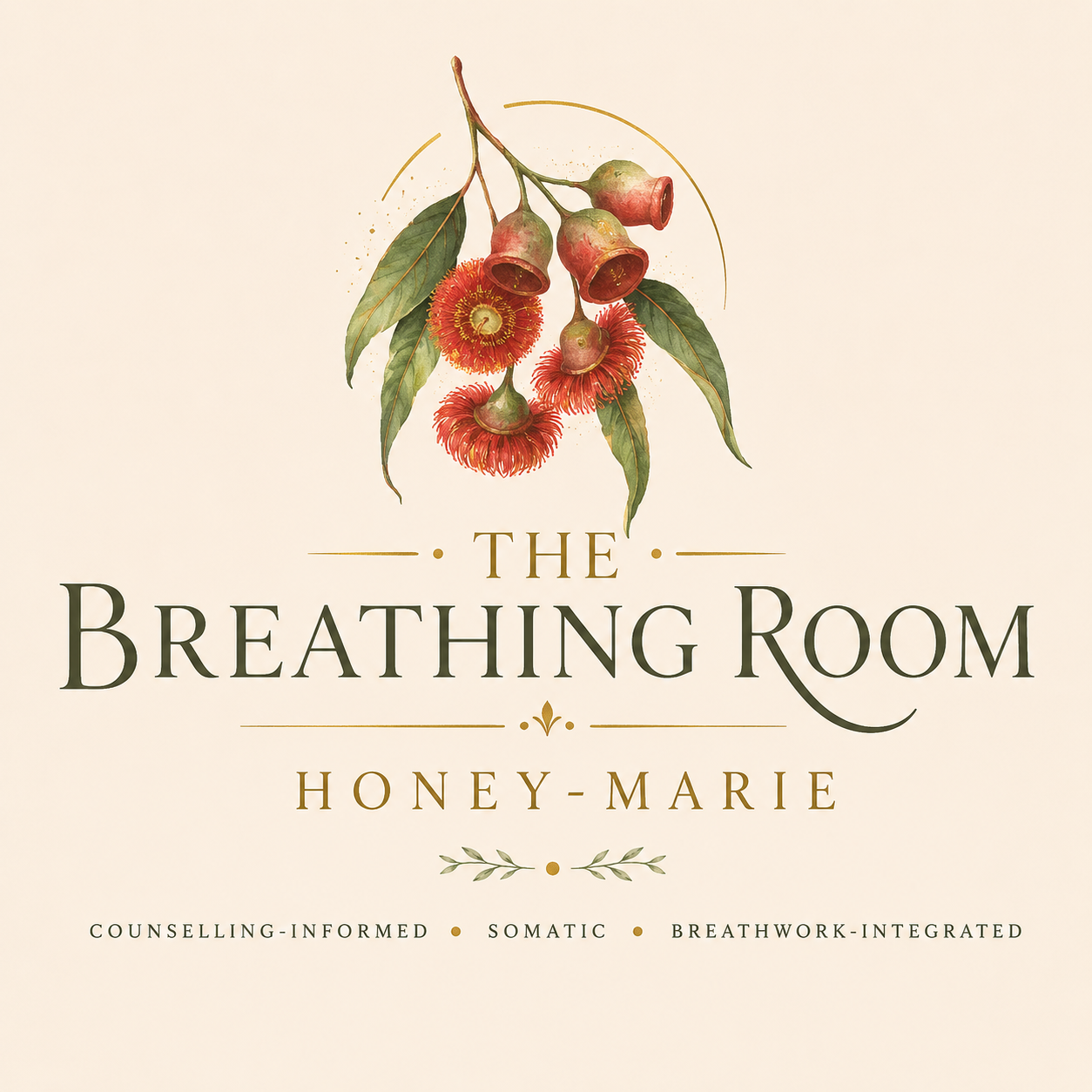 Book cover of 'The Breathing Room' by Honey-Marie featuring a botanical illustration of a branch with red and green flowers and leaves, and text describing counseling, somatic, and breathwork therapies.