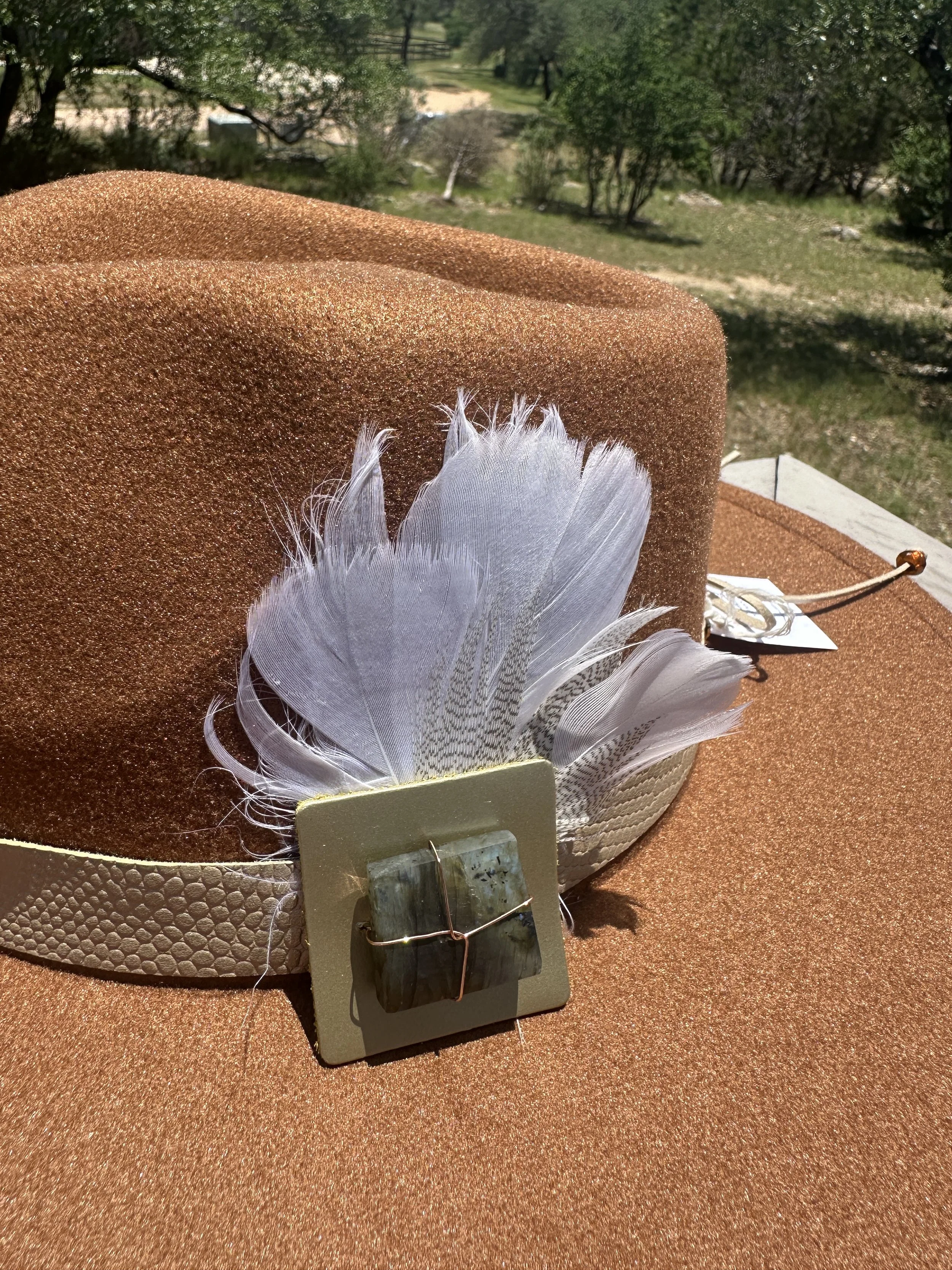 carmel colored hat with embossed cowskin band, agate druzy, artisn