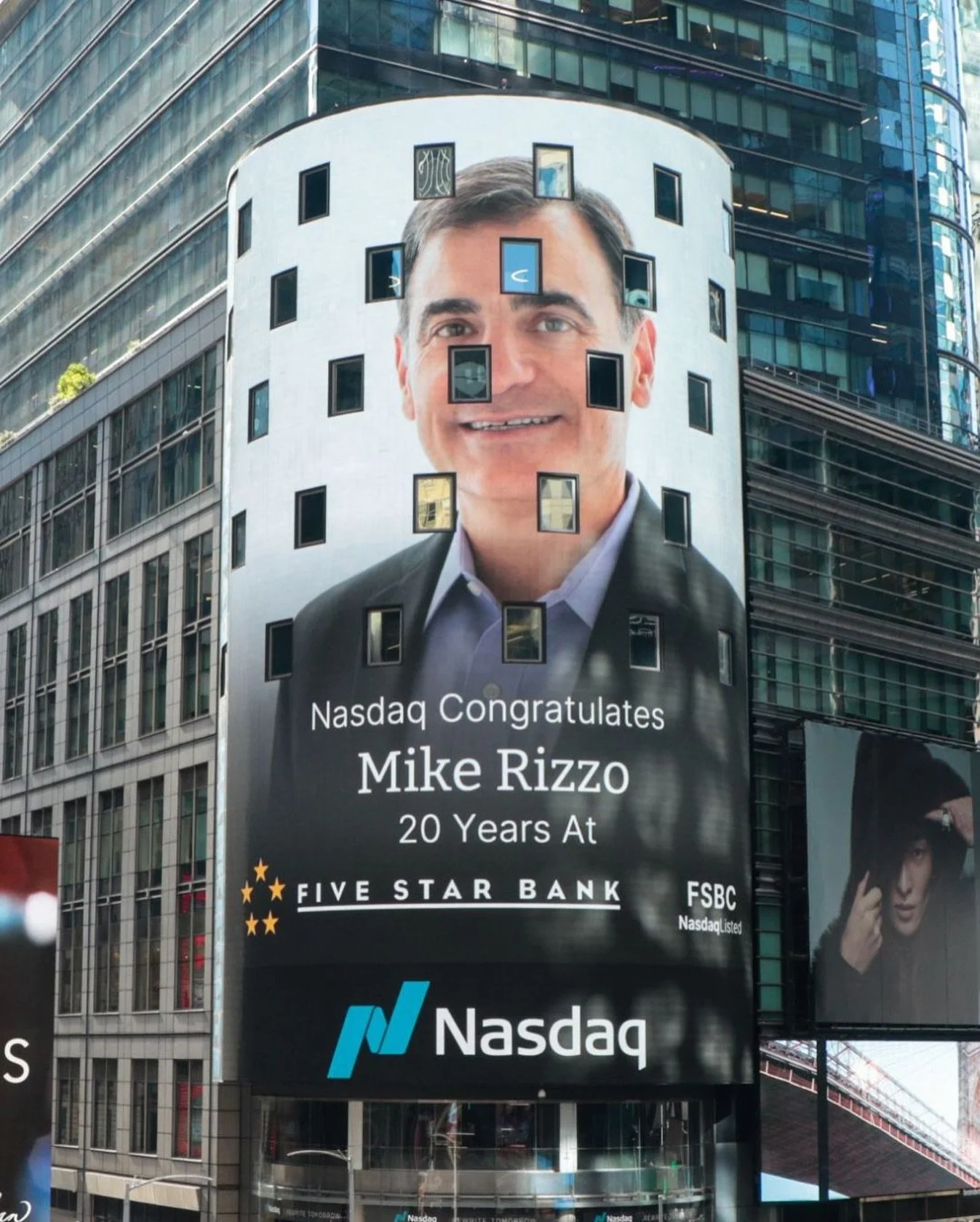 Congrats to member Michael Rizzo on 20 fantastic years of service at Five Star Bank! Michael was honored with his own spotlight on the Nasdaq billboard in Times Square, New York City. 

Michael, congratulations again on making it to one of the bigges