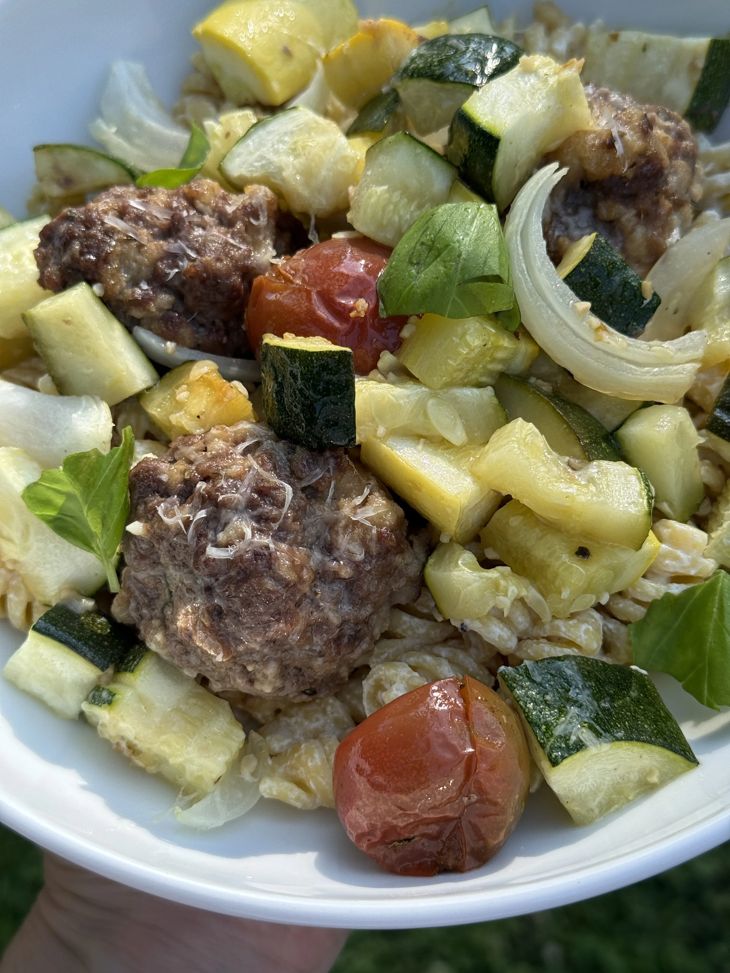 Meatball summer vegetable sheet pan with lemon olive oil ricotta pasta
