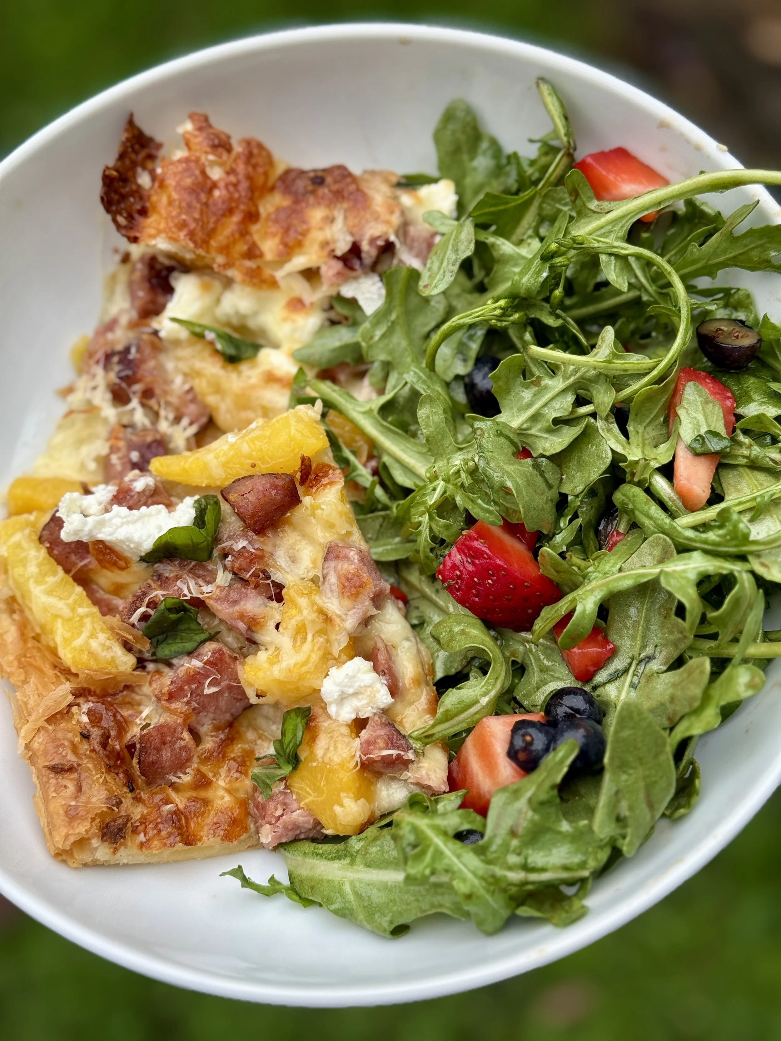 Peach puff pastry pizza