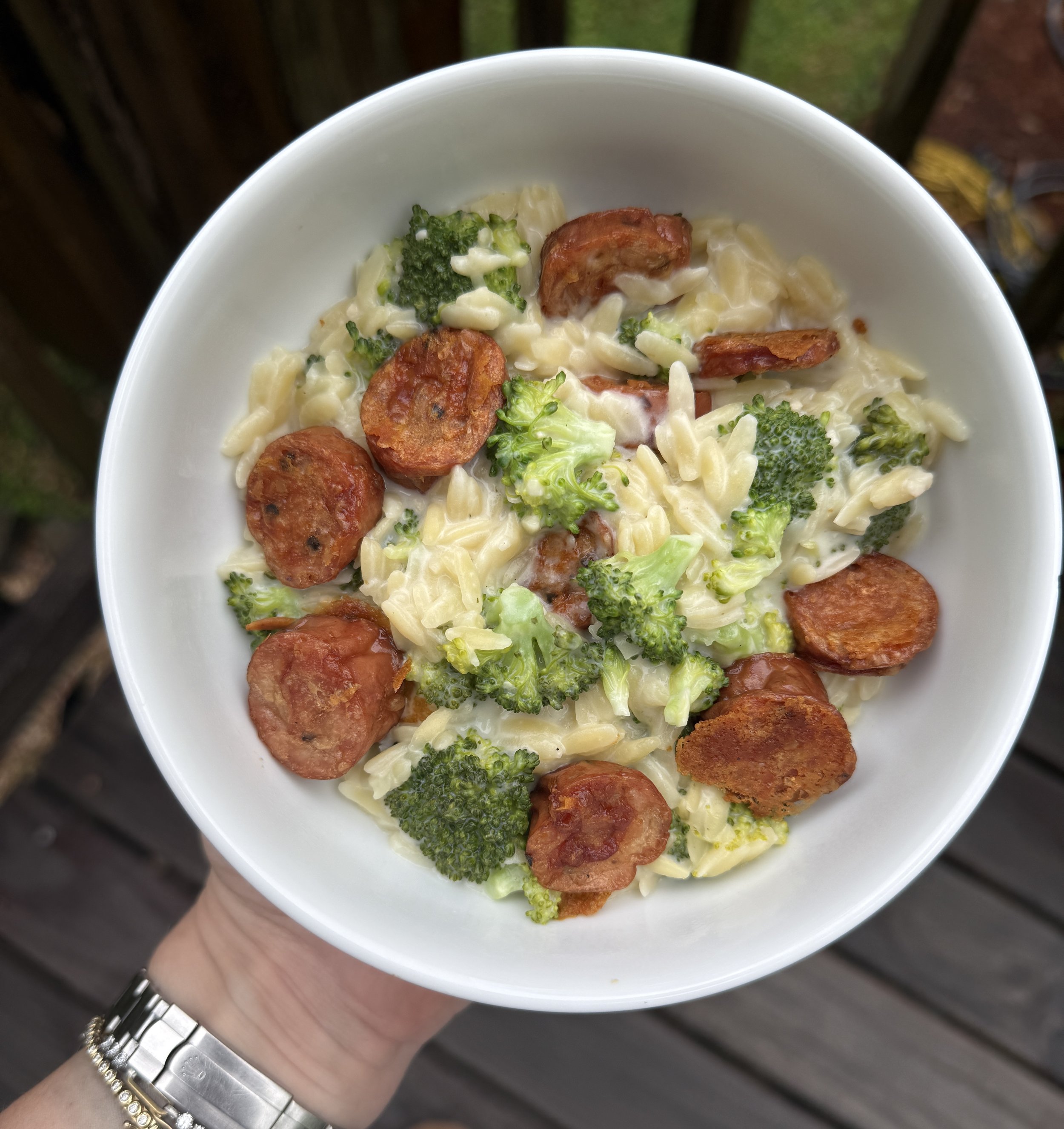 Boursin Orzo Broccoli Bake with Crispy Sausage