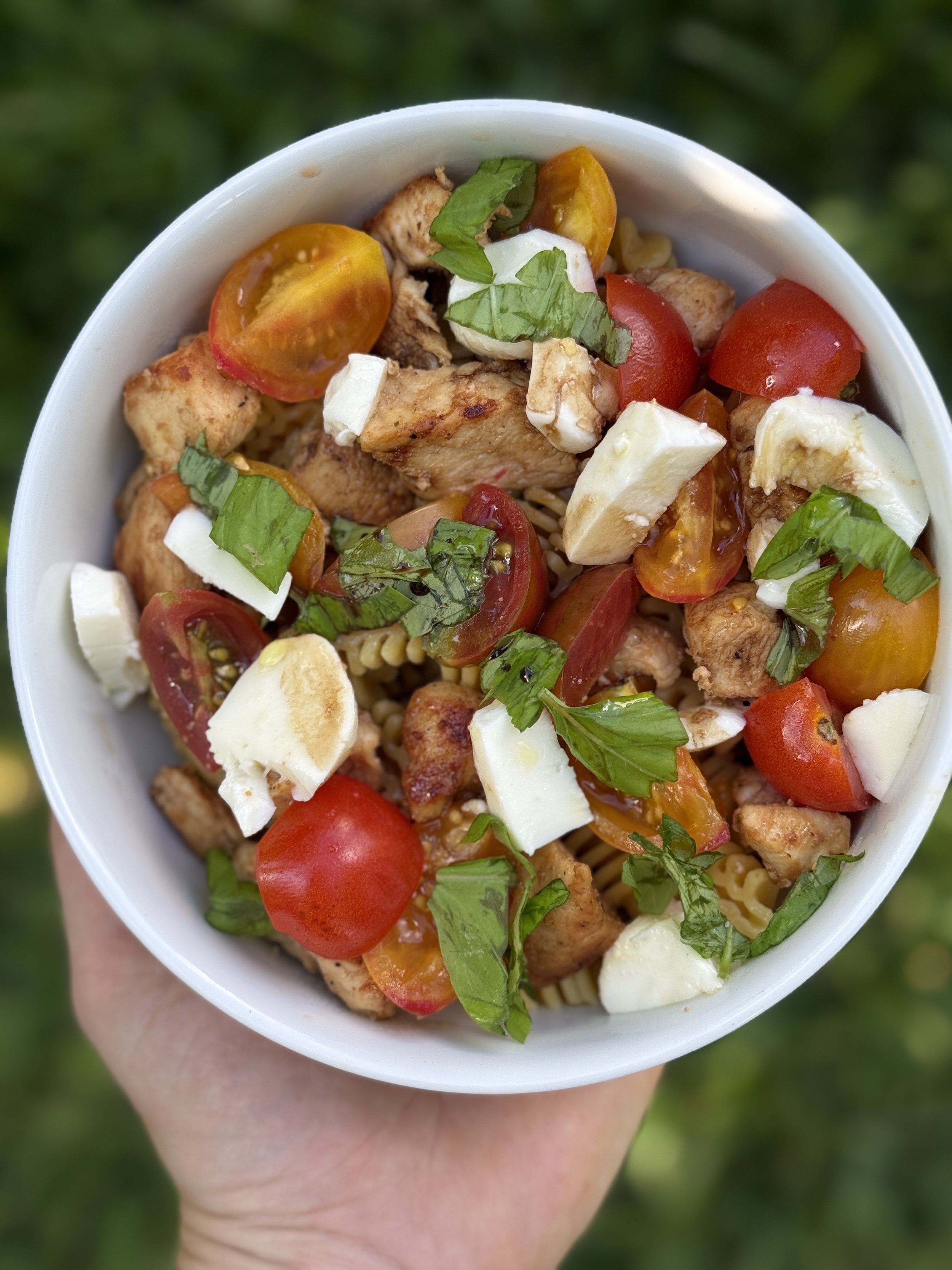 Balsamic Chicken with Butter Brami Noodles & tomatoes, basil & mozzarella