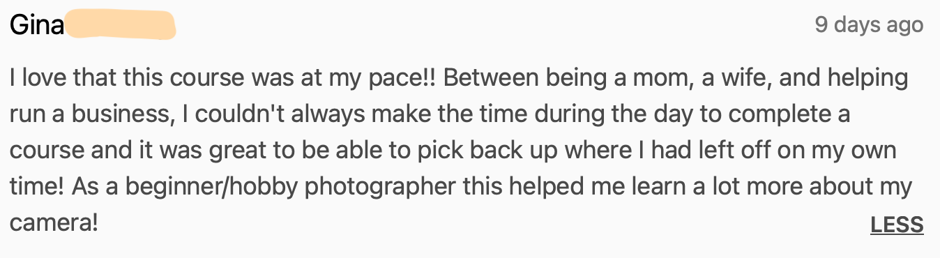 Screenshot of a positive customer review about a photography course from Nancy Smiley Photography.