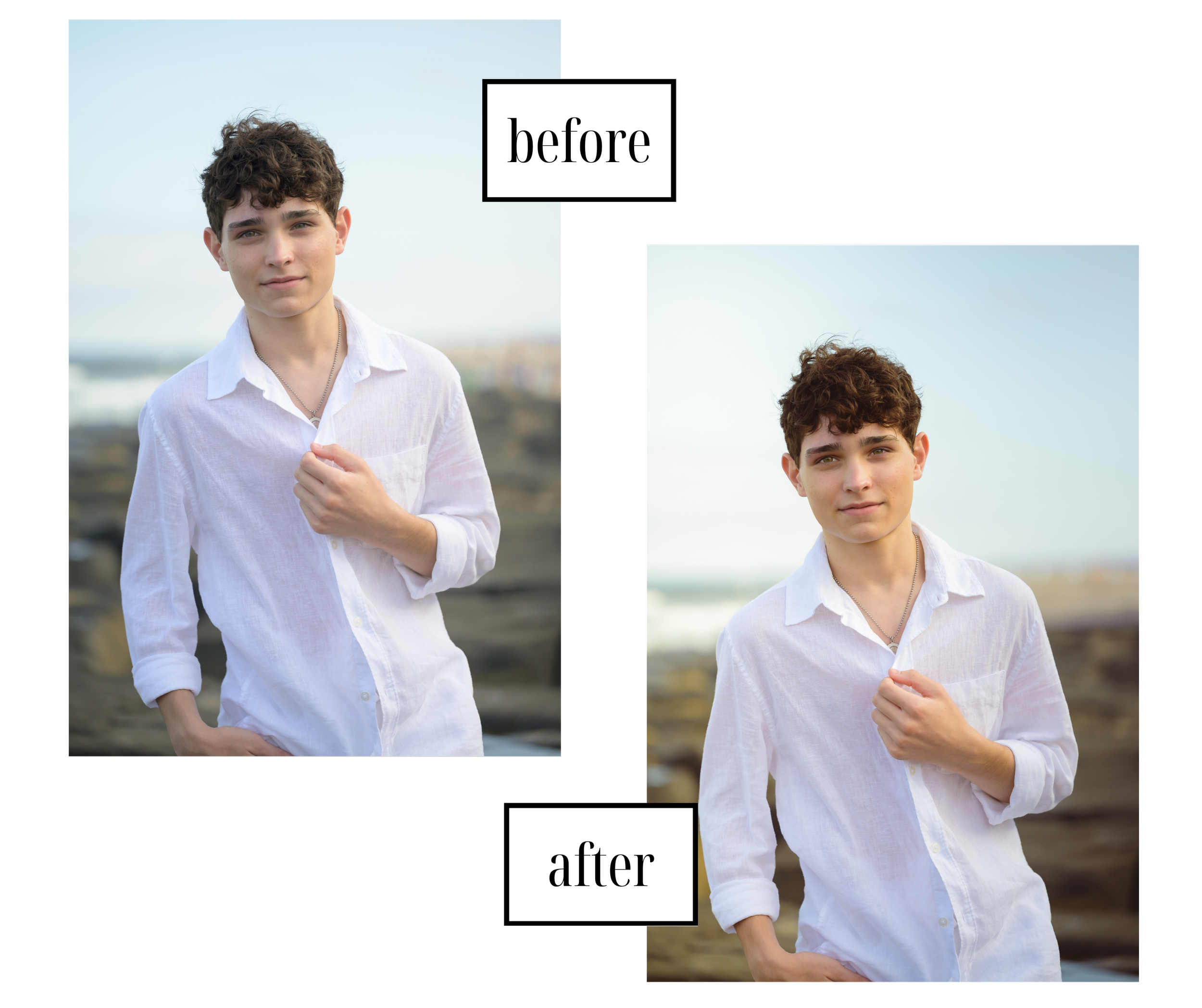 Comparison of a young man in a white shirt, showing the 'before' and 'after' effects of a photo editing process, with the 'before' image on the left and the 'after' on the right, both set against a beach background.