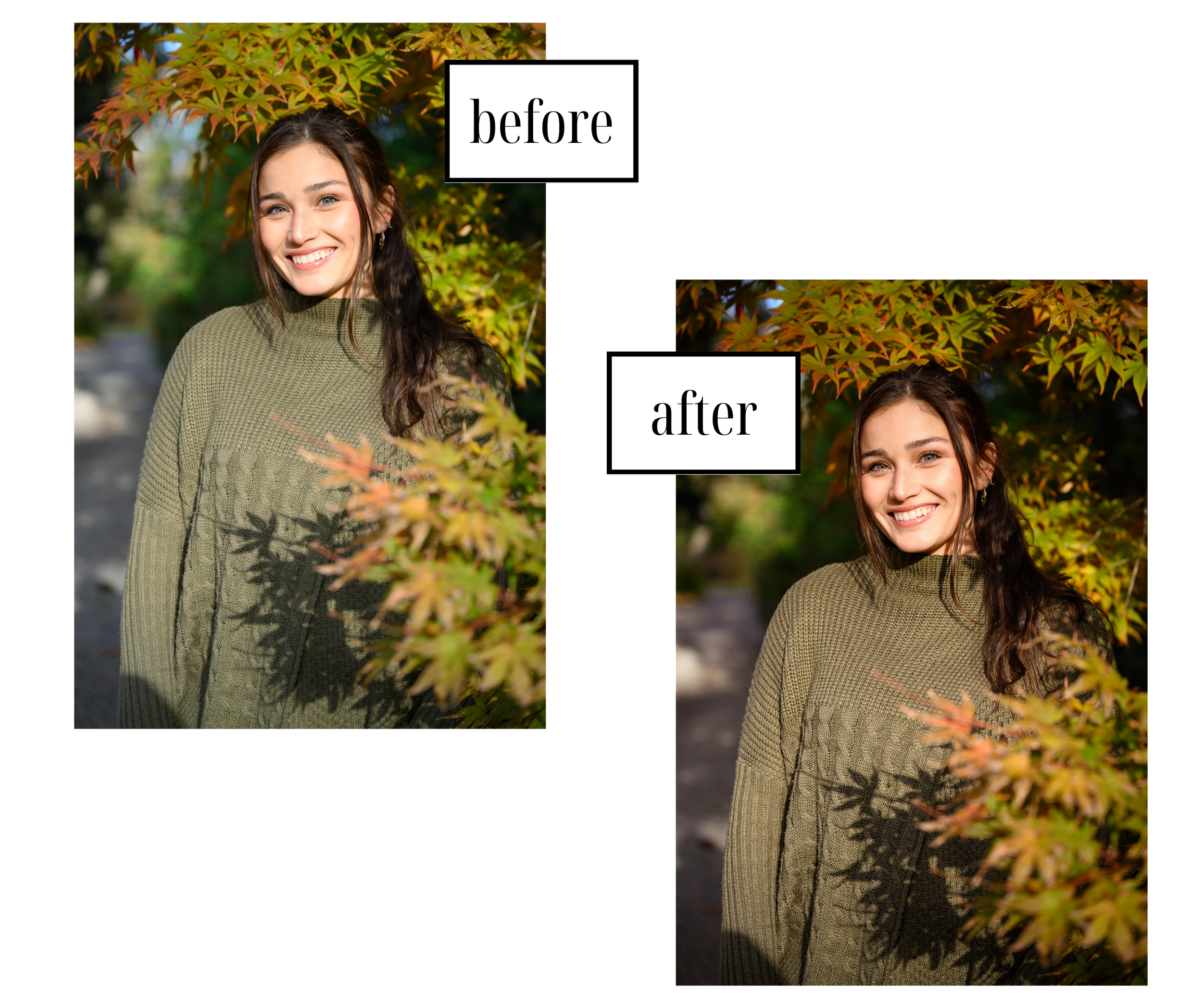 Comparison of a woman's portrait before and after photo editing, showing the woman smiling outdoors with fall foliage in the background from Nancy Smiley Photography