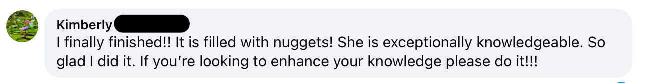 Screenshot of a social media comment from Kimberly expressing excitement about finishing a photography course from Nancy Smiley Photog filled with nuggets, praising someone for being exceptionally knowledgeable, and encouraging others to do the same.